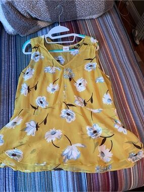 CAbi Yellow Floral Top with Blue and White Blooms
